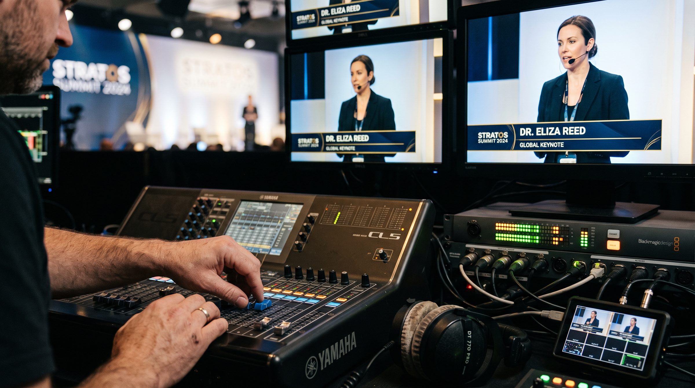 Live streaming station with program feed and lower thirds